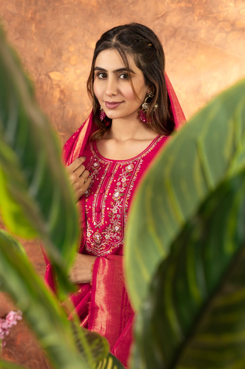 Moonpalav Hot Pink Marina Silk Designer Suit with Meena Work Dupatta