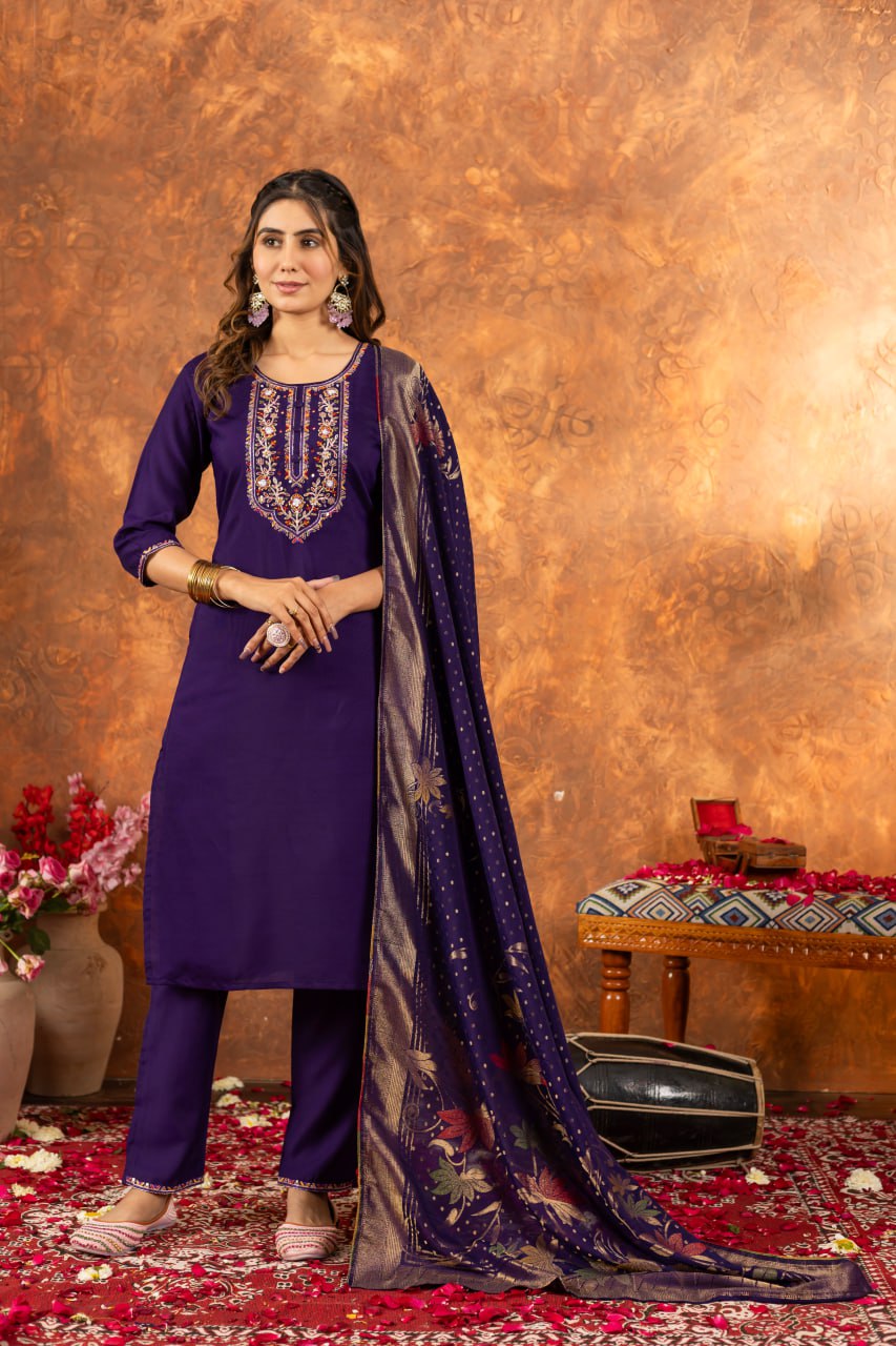 Moonpalav Royal Purple Marina Silk Embroidered Suit with Meena Work Dupatta
