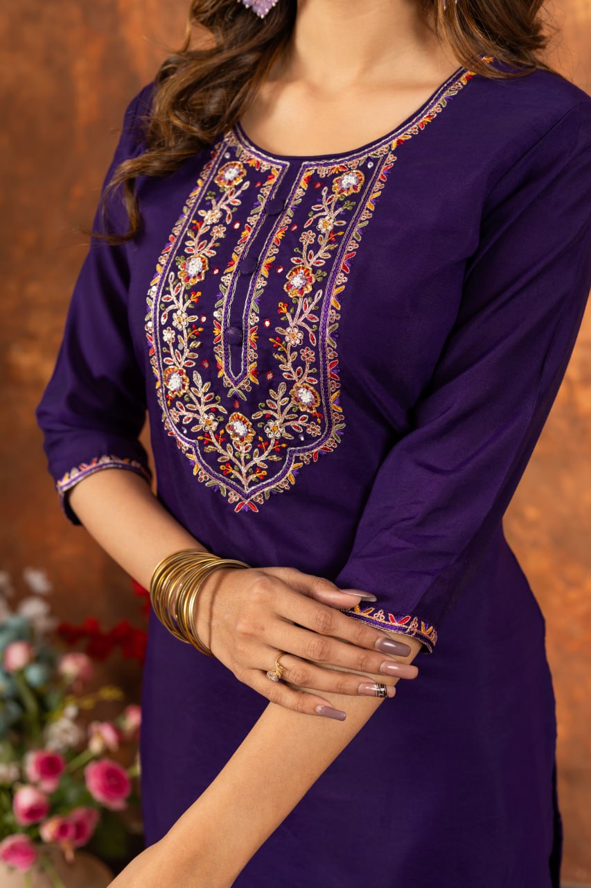 Moonpalav Royal Purple Marina Silk Embroidered Suit with Meena Work Dupatta