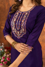 Moonpalav Royal Purple Marina Silk Embroidered Suit with Meena Work Dupatta