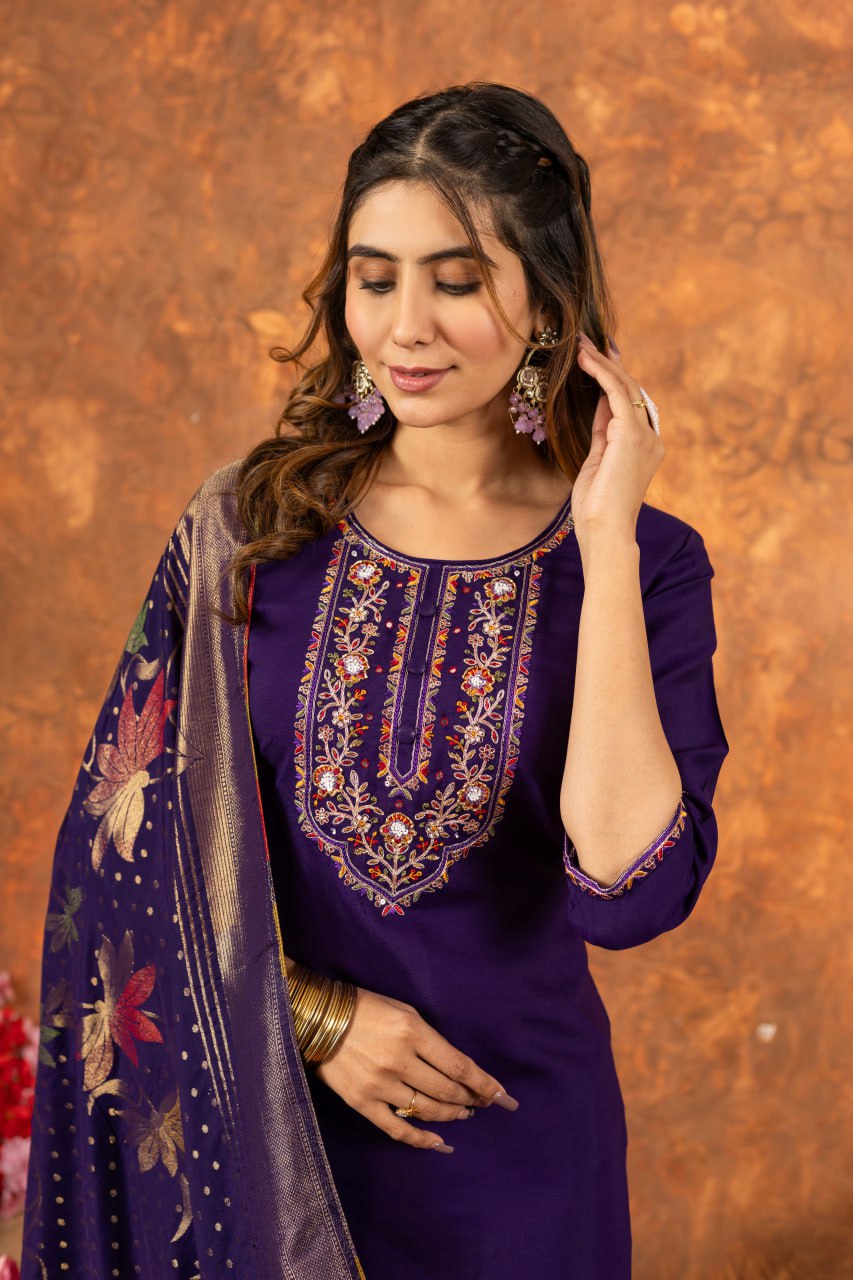 Moonpalav Royal Purple Marina Silk Embroidered Suit with Meena Work Dupatta