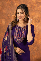 Moonpalav Royal Purple Marina Silk Embroidered Suit with Meena Work Dupatta