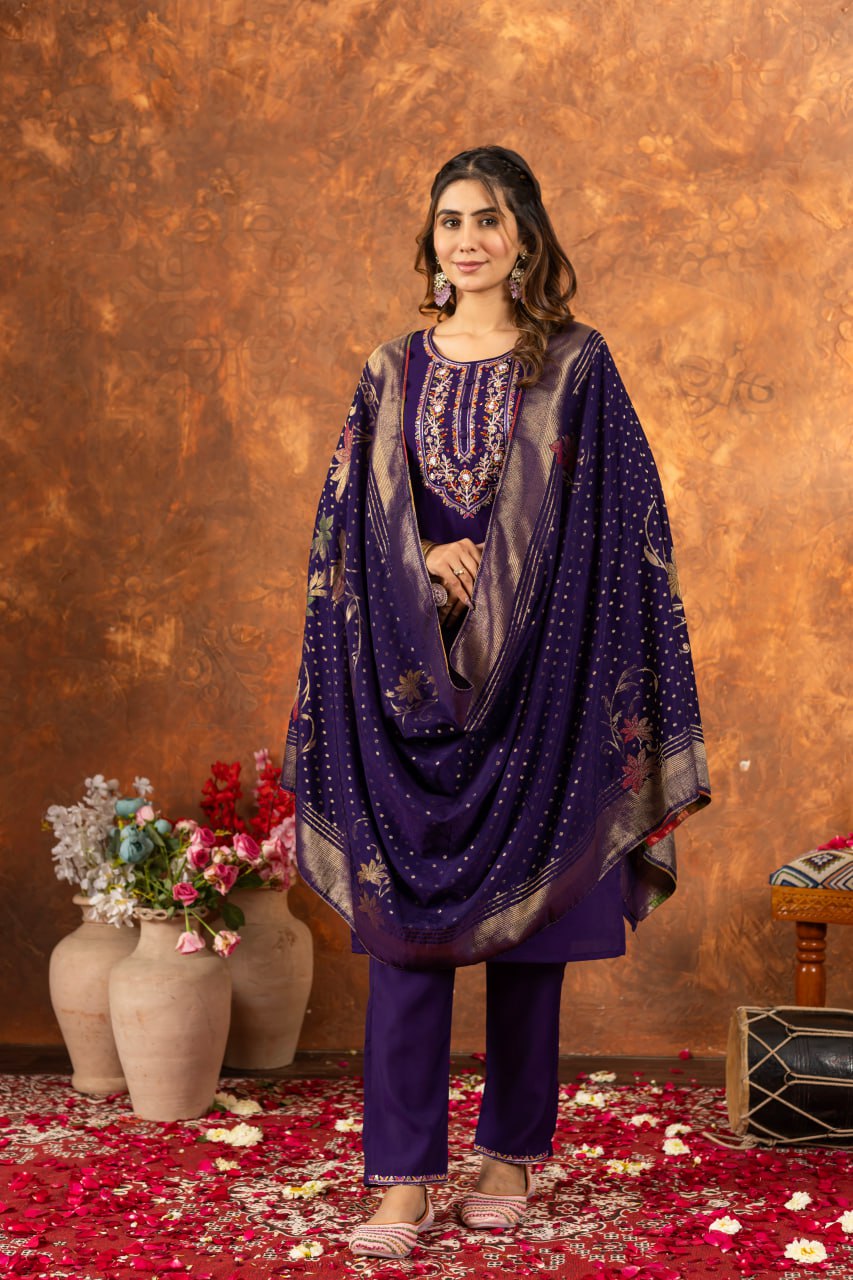 Moonpalav Royal Purple Marina Silk Embroidered Suit with Meena Work Dupatta