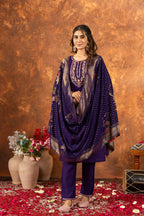 Moonpalav Royal Purple Marina Silk Embroidered Suit with Meena Work Dupatta