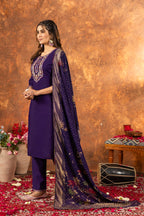 Moonpalav Royal Purple Marina Silk Embroidered Suit with Meena Work Dupatta
