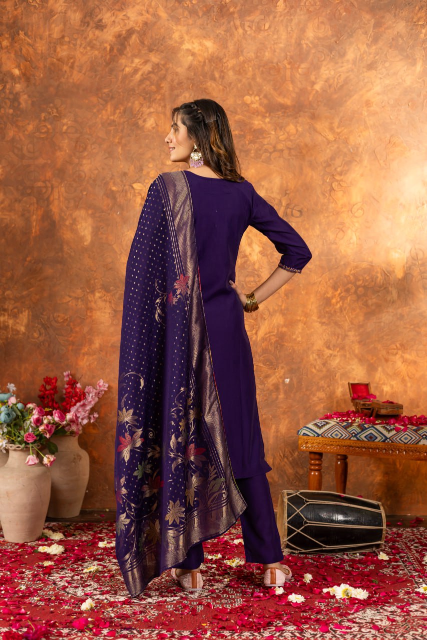 Moonpalav Royal Purple Marina Silk Embroidered Suit with Meena Work Dupatta