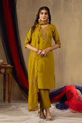 Moonpalav Mustard Yellow Roman Silk Hand-Embroidered Suit with Dupatta