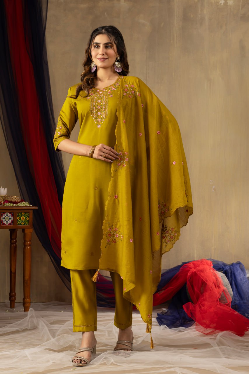 Moonpalav Mustard Yellow Roman Silk Hand-Embroidered Suit with Dupatta