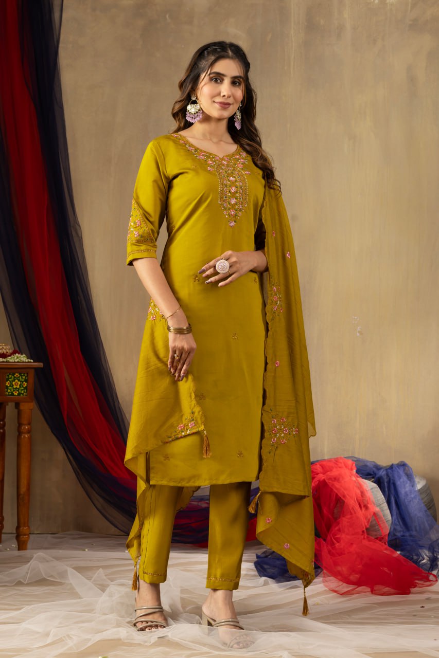 Moonpalav Mustard Yellow Roman Silk Hand-Embroidered Suit with Dupatta
