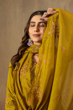 Moonpalav Mustard Yellow Roman Silk Hand-Embroidered Suit with Dupatta