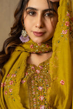 Moonpalav Mustard Yellow Roman Silk Hand-Embroidered Suit with Dupatta