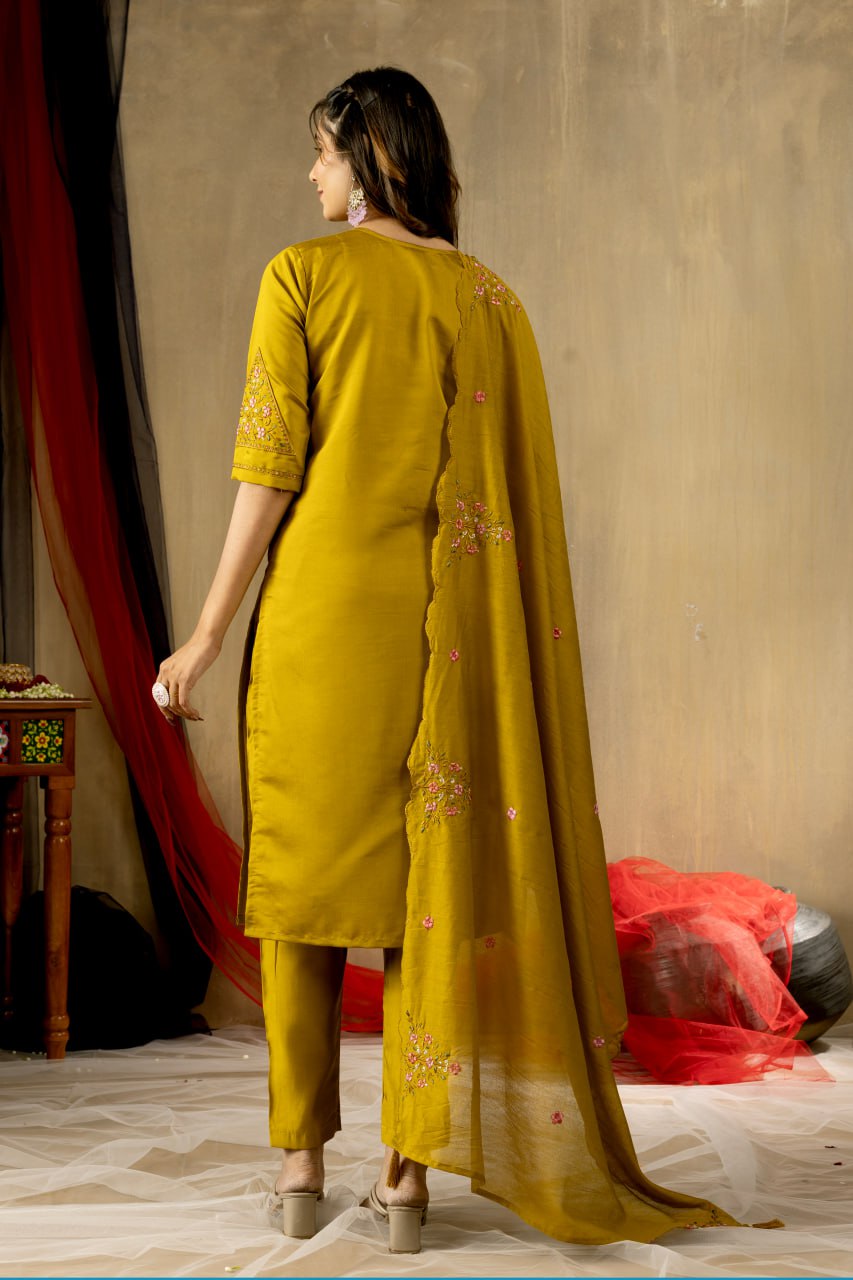Moonpalav Mustard Yellow Roman Silk Hand-Embroidered Suit with Dupatta