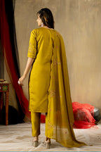 Moonpalav Mustard Yellow Roman Silk Hand-Embroidered Suit with Dupatta