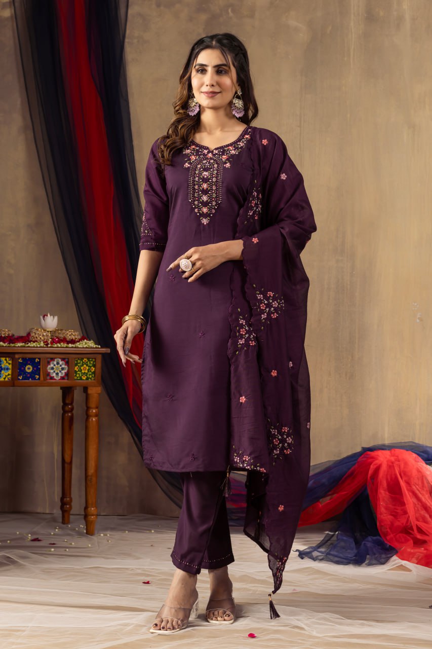 Moonpalav Royal Wine Roman Silk Multi-Thread Embroidery Suit Set with Dupatta