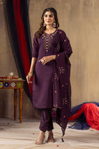 Moonpalav Royal Wine Roman Silk Multi-Thread Embroidery Suit Set with Dupatta