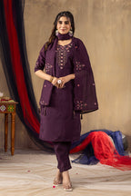 Moonpalav Royal Wine Roman Silk Multi-Thread Embroidery Suit Set with Dupatta