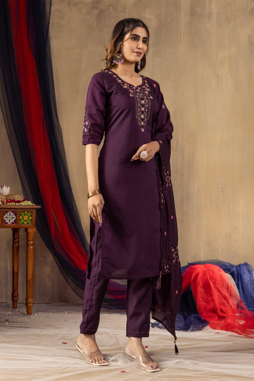 Moonpalav Royal Wine Roman Silk Multi-Thread Embroidery Suit Set with Dupatta