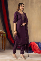 Moonpalav Royal Wine Roman Silk Multi-Thread Embroidery Suit Set with Dupatta