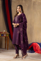 Moonpalav Royal Wine Roman Silk Multi-Thread Embroidery Suit Set with Dupatta