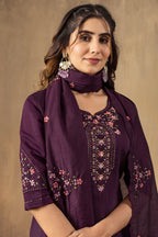 Moonpalav Royal Wine Roman Silk Multi-Thread Embroidery Suit Set with Dupatta