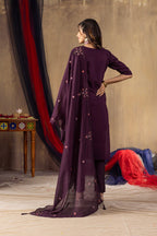 Moonpalav Royal Wine Roman Silk Multi-Thread Embroidery Suit Set with Dupatta