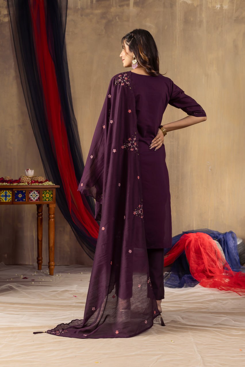 Moonpalav Royal Wine Roman Silk Multi-Thread Embroidery Suit Set with Dupatta