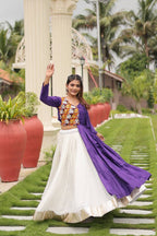 Royal Purple & White Pure Cotton Lehenga Choli with Heavy Gamthi Mirror Work & Asymmetrical Jacket Flare