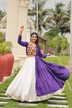 Royal Purple & White Pure Cotton Lehenga Choli with Heavy Gamthi Mirror Work & Asymmetrical Jacket Flare