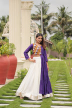 Royal Purple & White Pure Cotton Lehenga Choli with Heavy Gamthi Mirror Work & Asymmetrical Jacket Flare