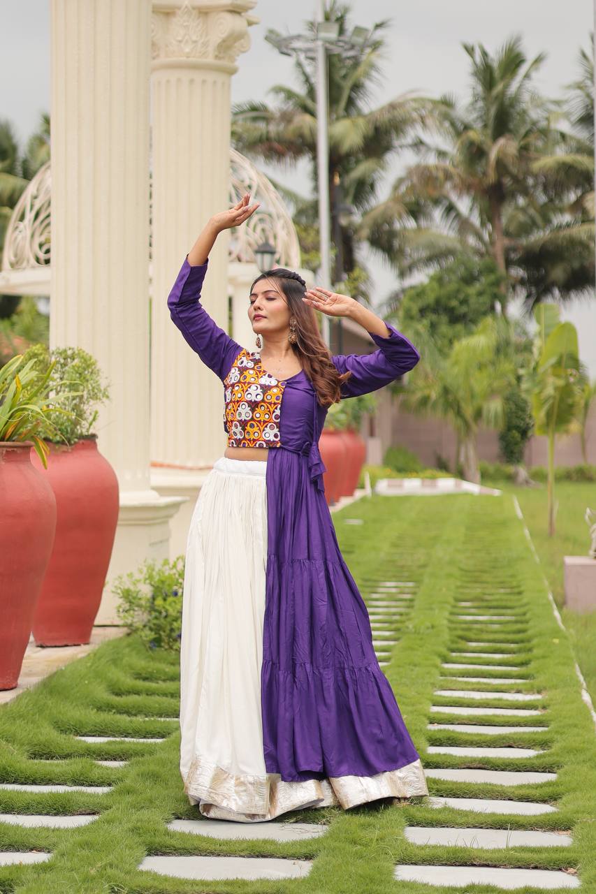 Royal Purple & White Pure Cotton Lehenga Choli with Heavy Gamthi Mirror Work & Asymmetrical Jacket Flare