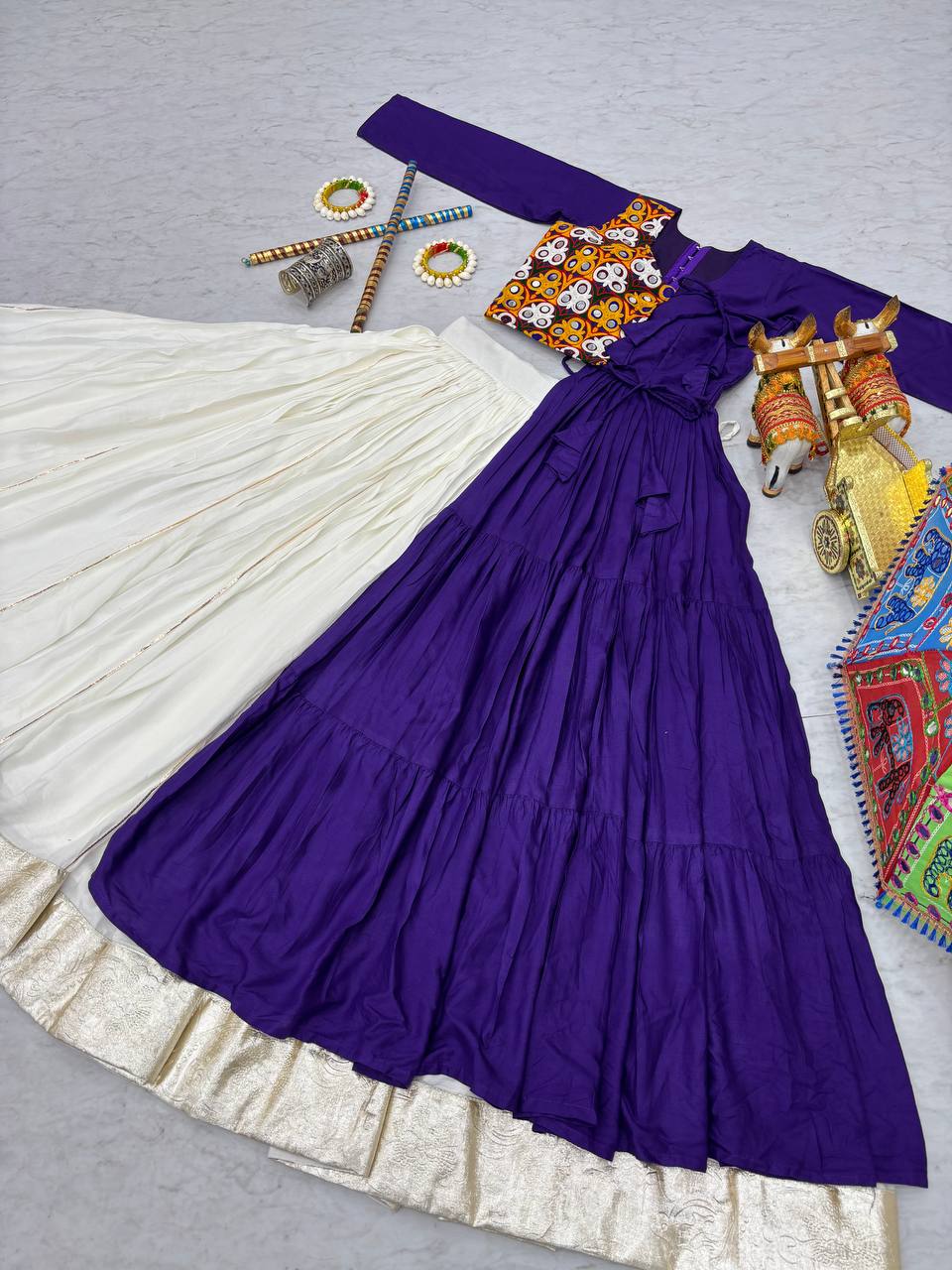Royal Purple & White Pure Cotton Lehenga Choli with Heavy Gamthi Mirror Work & Asymmetrical Jacket Flare