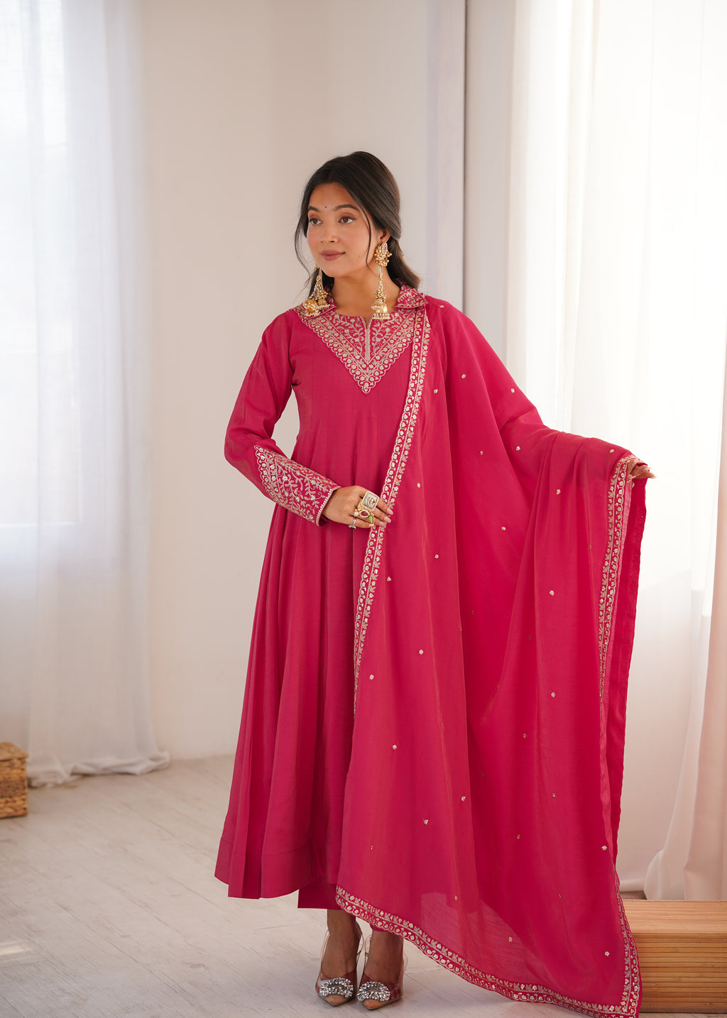 Royal Roman Shimmer Silk Embroidered Anarkali Suit Set | Ready to Wear 3-Piece