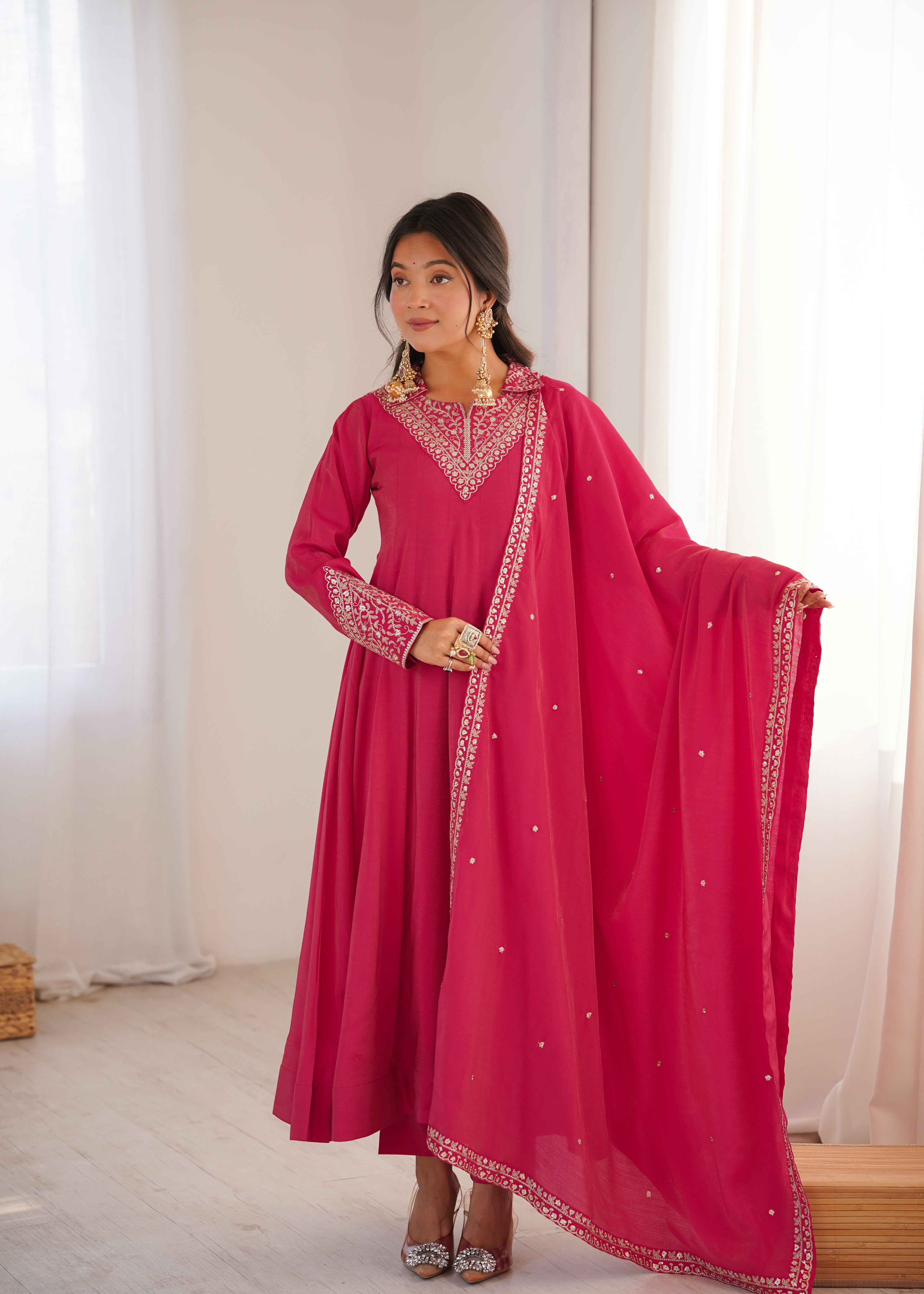 Royal Roman Shimmer Silk Embroidered Anarkali Suit Set | Ready to Wear 3-Piece