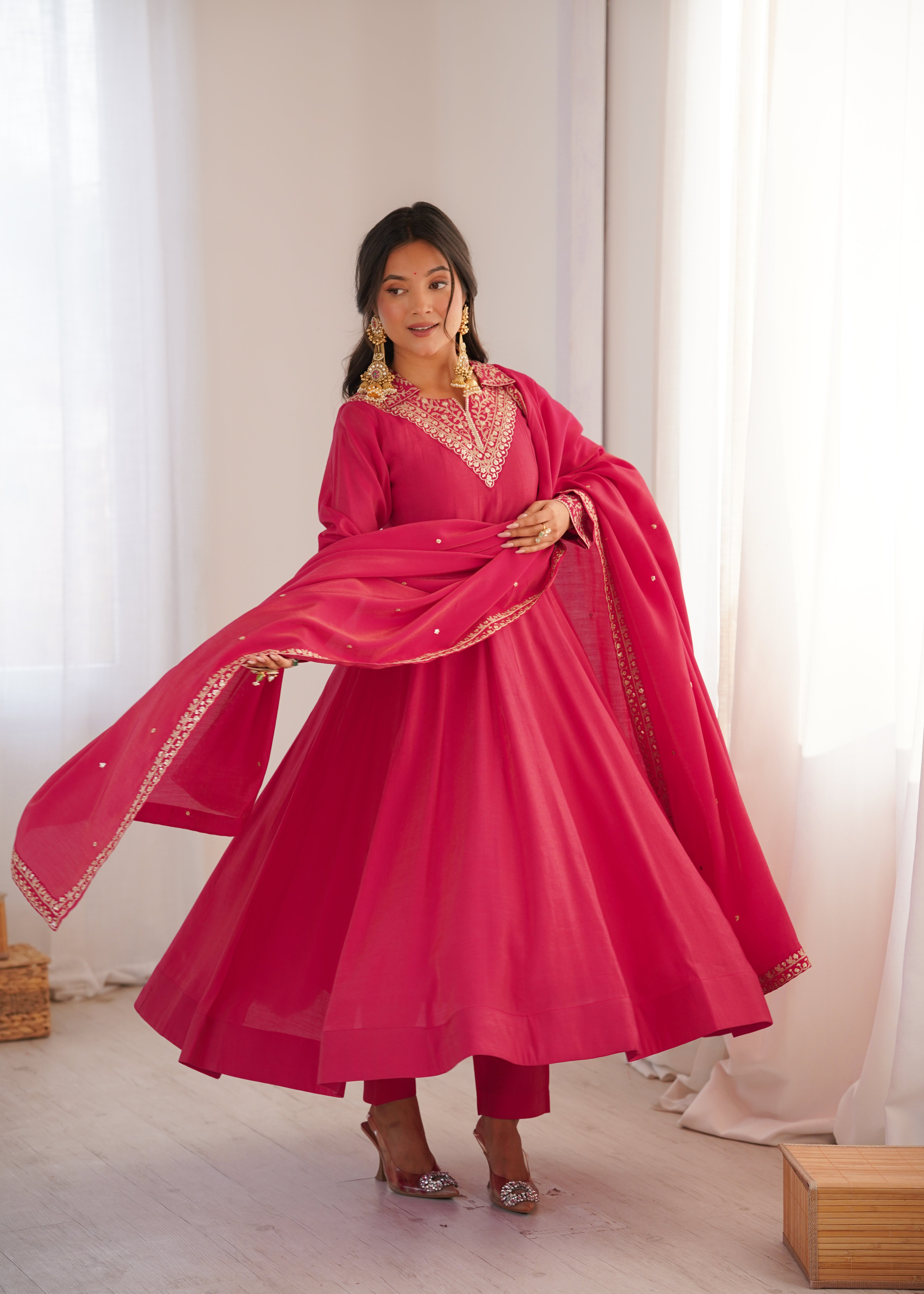 Royal Roman Shimmer Silk Embroidered Anarkali Suit Set | Ready to Wear 3-Piece