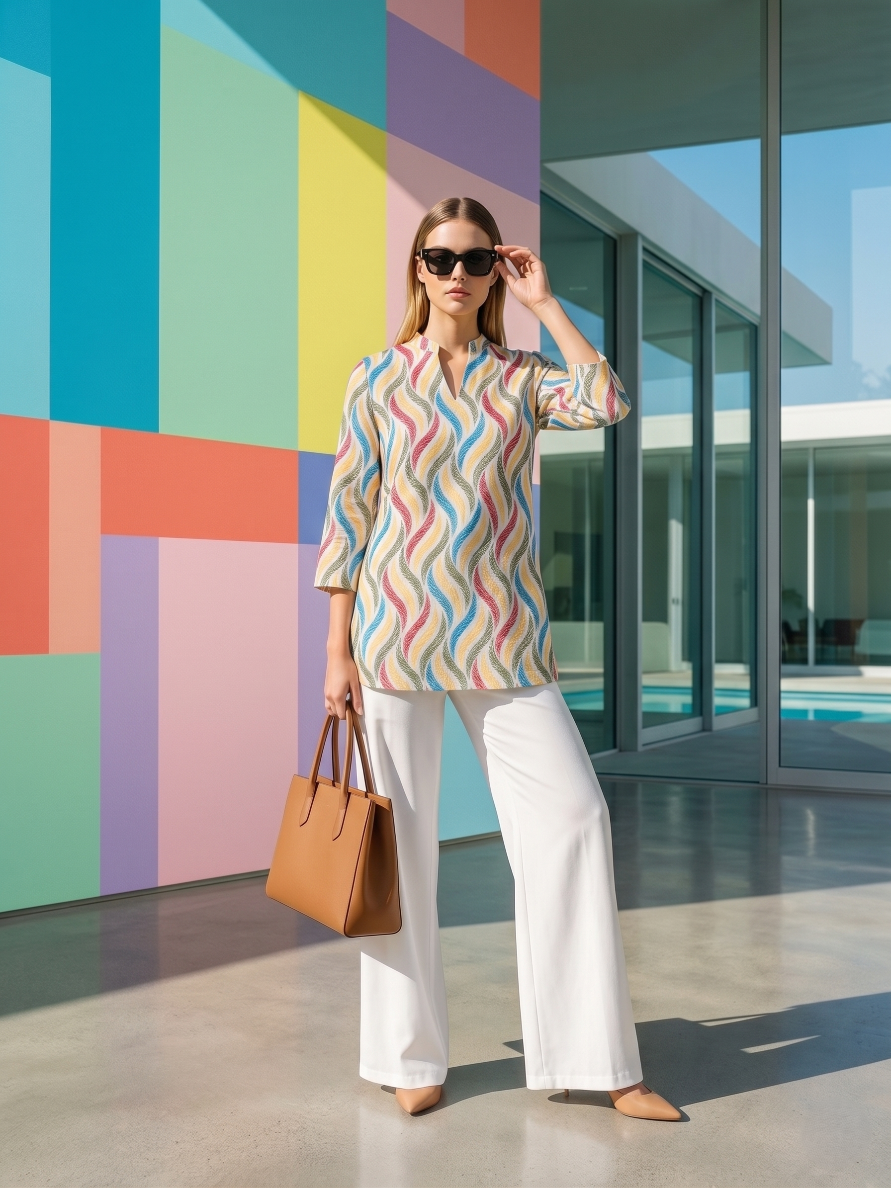 Women's Trendy Wavy Print Tunic & White Palazzo Set for Office Wear