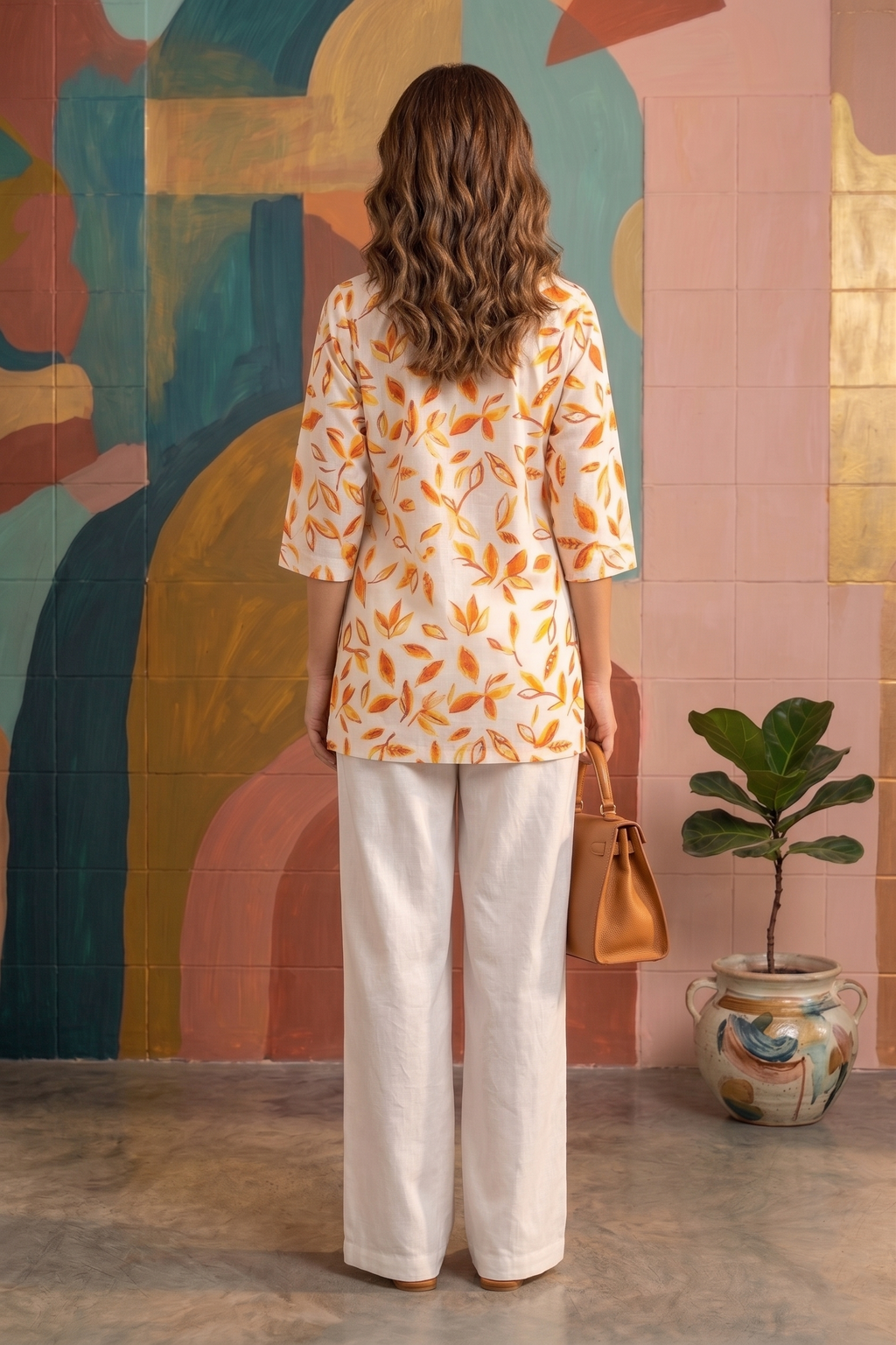 White & Orange Leaf Print Top with Palazzo Set