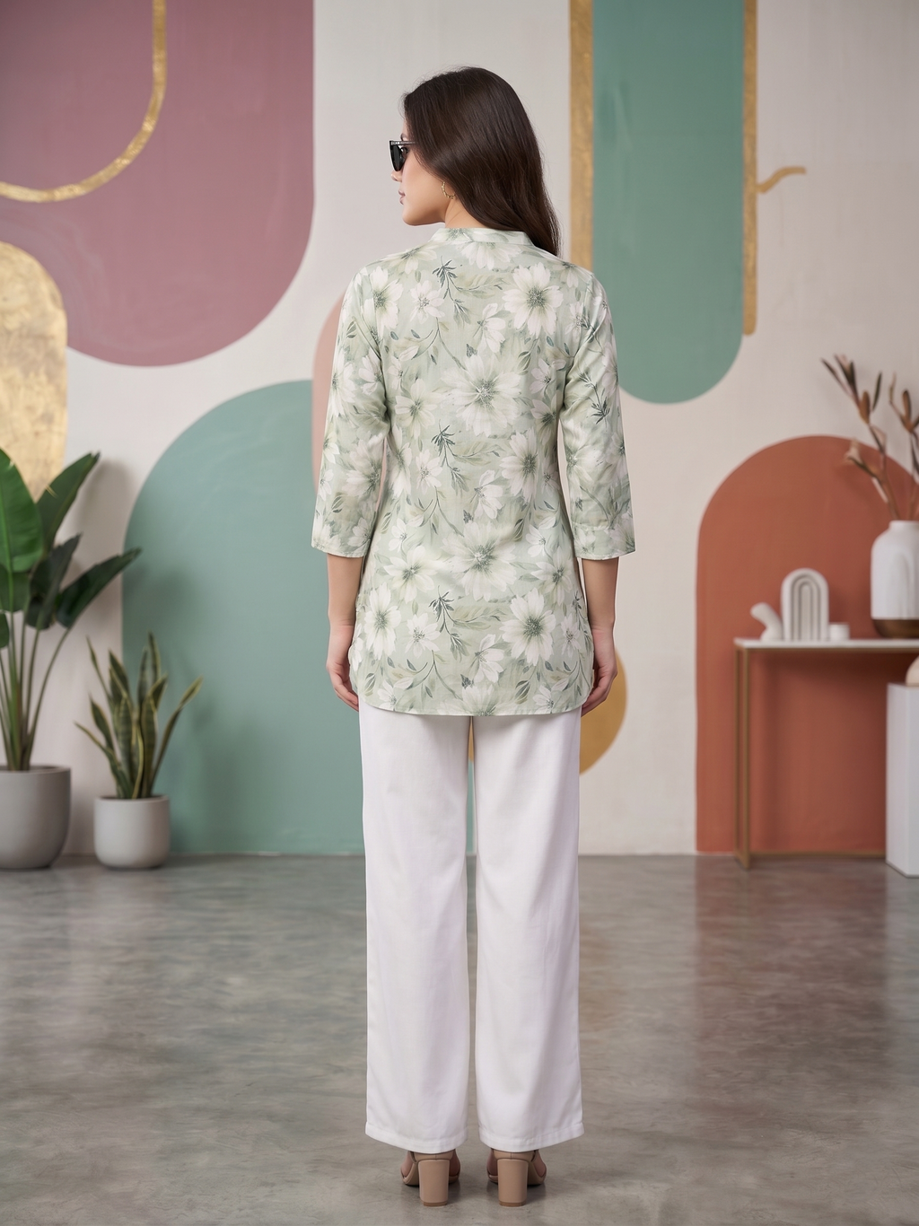 Trendy Green Floral Kurti with White Palazzo Pants - Stylish Office & Daily Wear Set