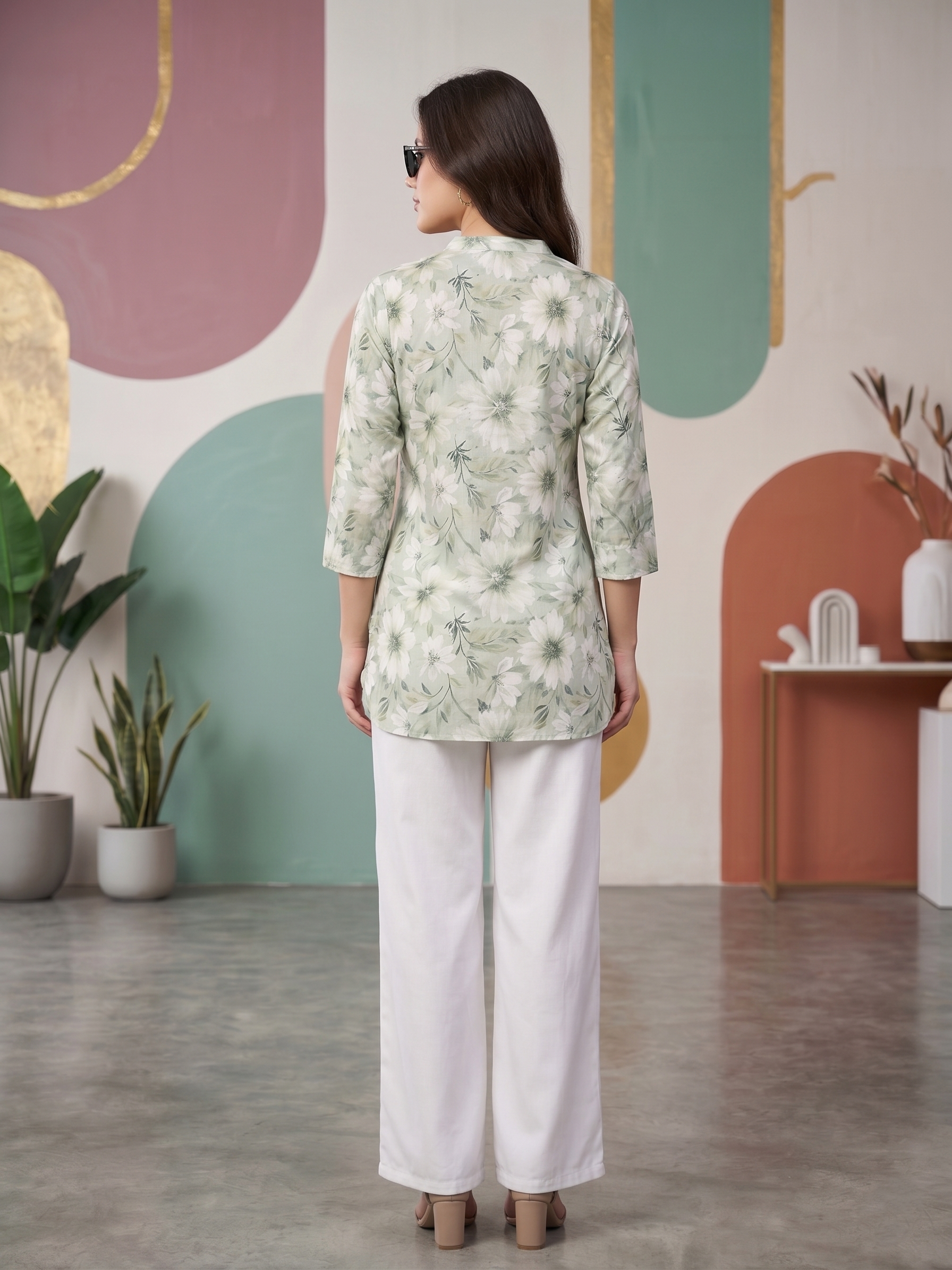 Trendy Green Floral Kurti with White Palazzo Pants - Stylish Office & Daily Wear Set