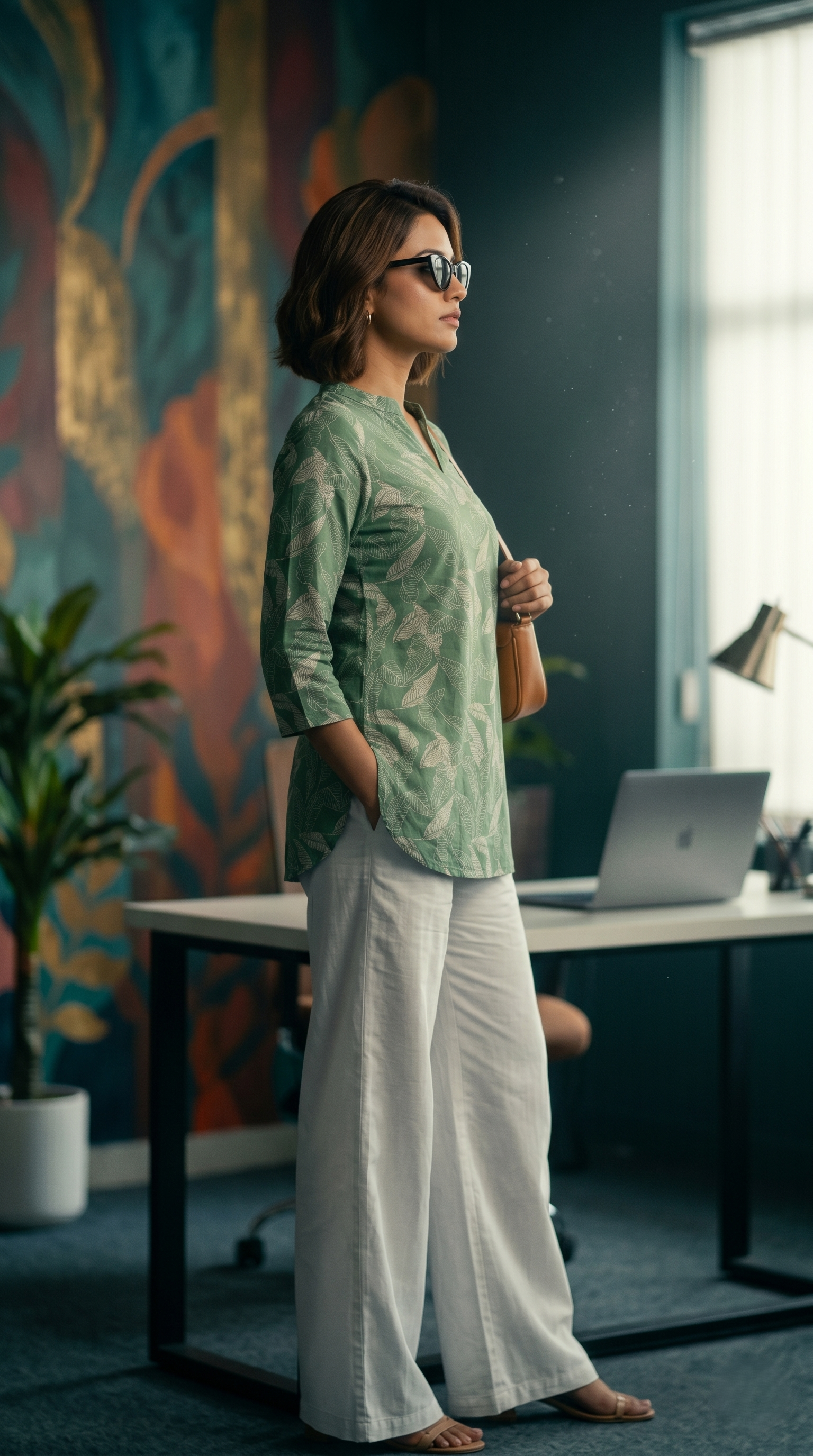 Stylish Sage Green Floral Top and White Wide-Leg Palazzo Co-ord Set for Women