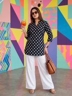 Black and White Polka Dot Tunic & Wide-Leg Palazzo Pants Set | Comfort-Fit Women's V-Neck Co-ord for Office & Casual Wear