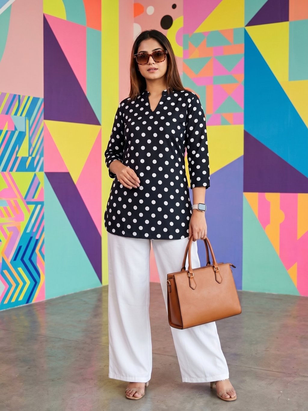 Black and White Polka Dot Tunic & Wide-Leg Palazzo Pants Set | Comfort-Fit Women's V-Neck Co-ord for Office & Casual Wear