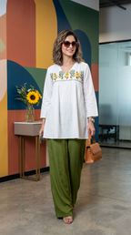 Women's White Floral Tunic Top with Solid Green Palazzo Pants