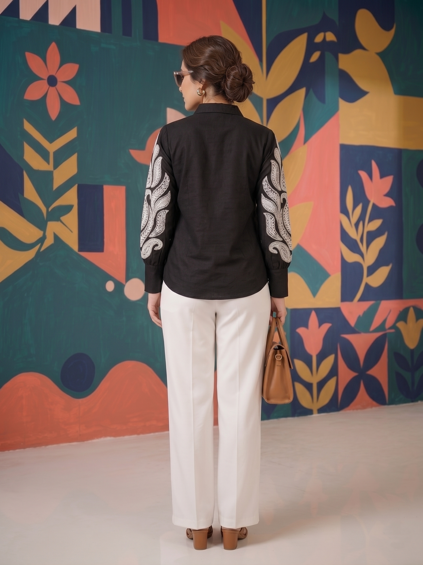 Elegant Black Shirt & White Palazzo Co-ord Set | Statement Sleeve Office Wear for Women