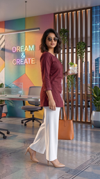 Modern Short Kurta Top and Wide-Leg Palazzo Set for Women | Minimalist Pleat-Effect Office Wear - Maroon