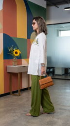 Women's White Floral Tunic Top with Solid Green Palazzo Pants