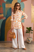 White & Orange Leaf Print Top with Palazzo Set