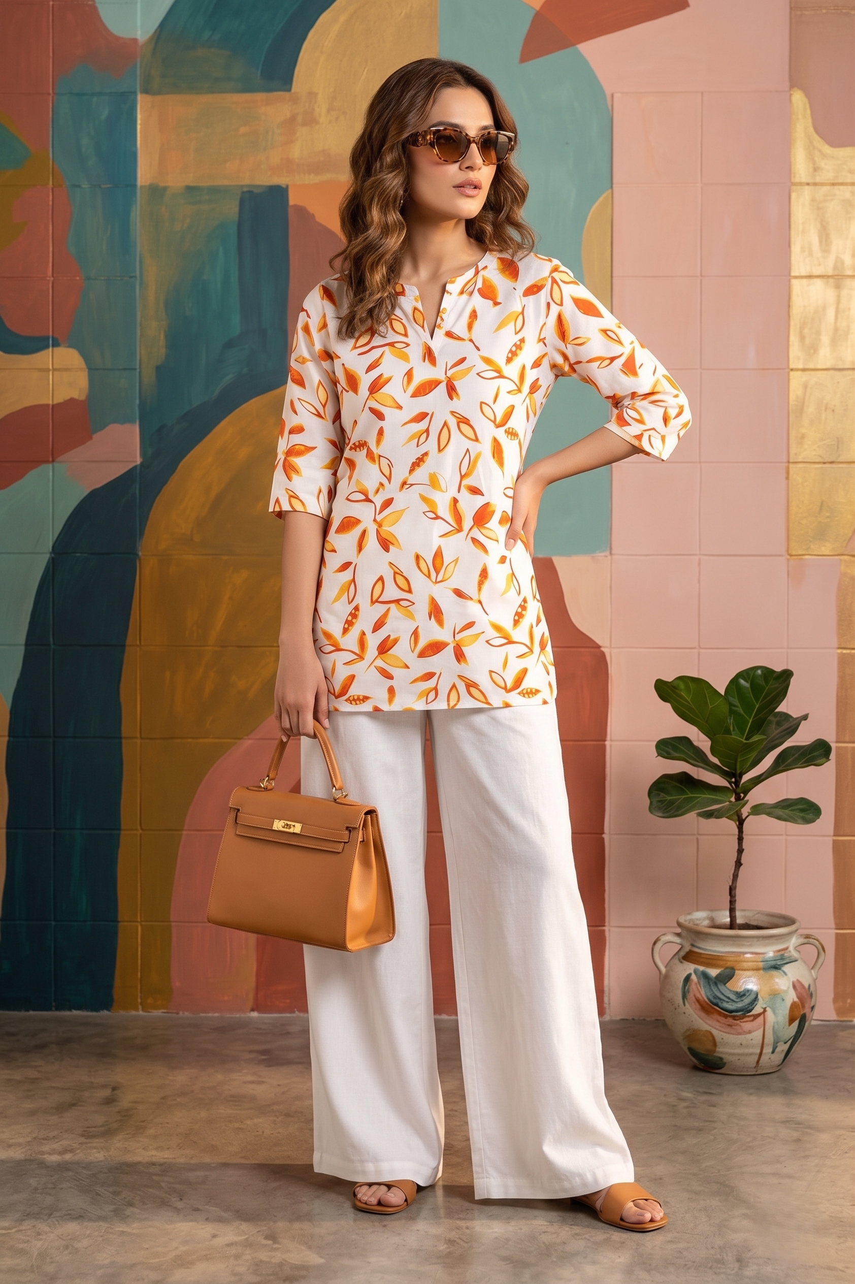 White & Orange Leaf Print Top with Palazzo Set
