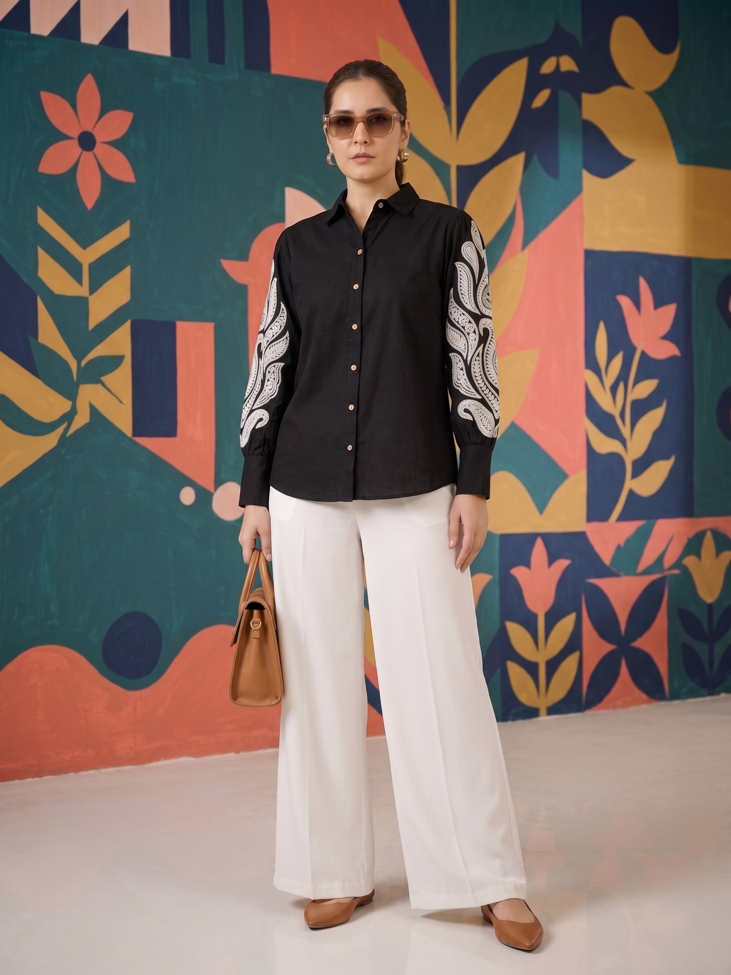 Elegant Black Shirt & White Palazzo Co-ord Set | Statement Sleeve Office Wear for Women