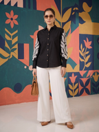 Elegant Black Shirt & White Palazzo Co-ord Set | Statement Sleeve Office Wear for Women
