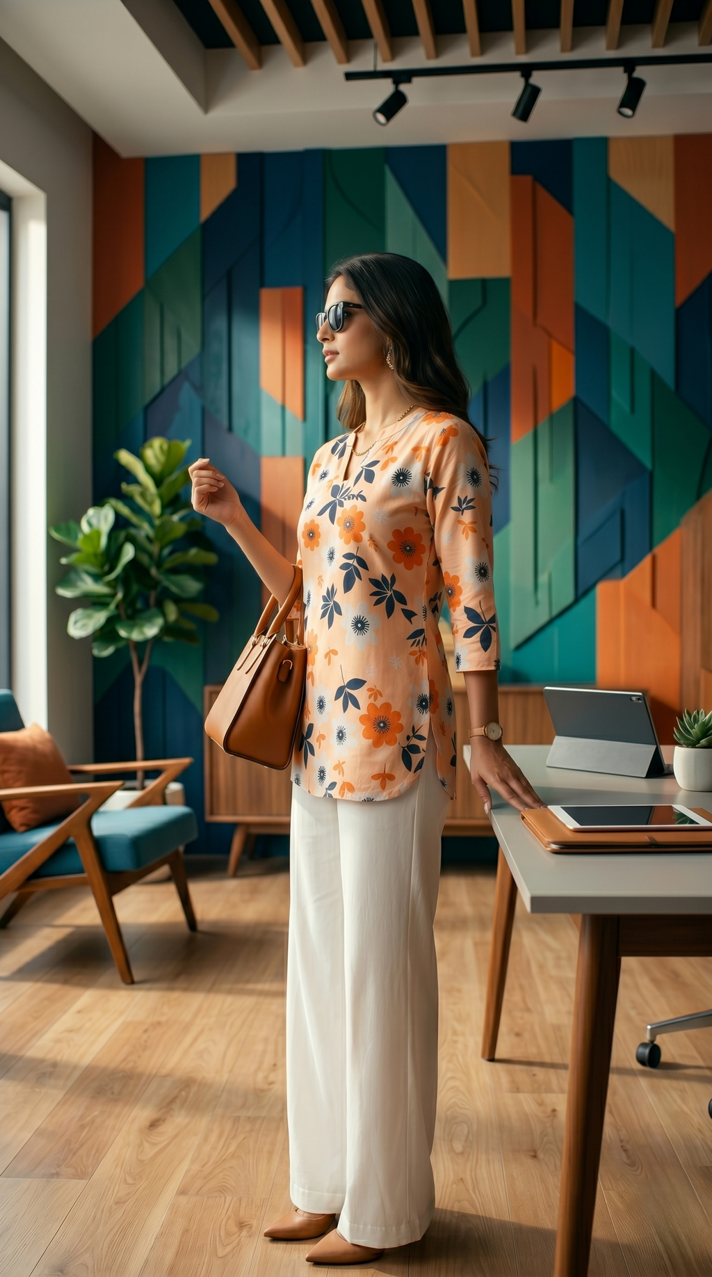 Elegant Peach Floral Short Kurta & Wide-Leg White Palazzo Set